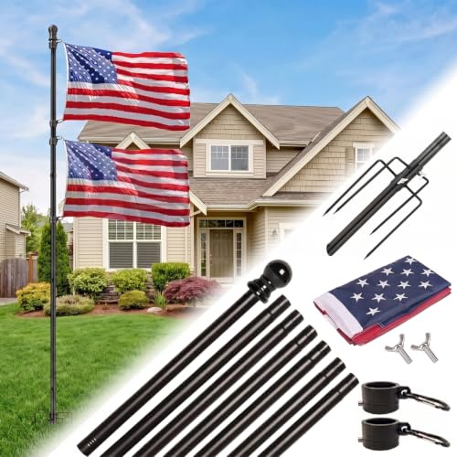 EAGLE TOP 3 m Fahnenmast für Außenhaus mit 2 x 3 USA-Flagge, strapazierfähiges, extra dickes Edelstahl-Fahnenmast-Set mit 5 Zinken, winddichte Bodenflaggenmasten für Wohn- oder Gewerbe