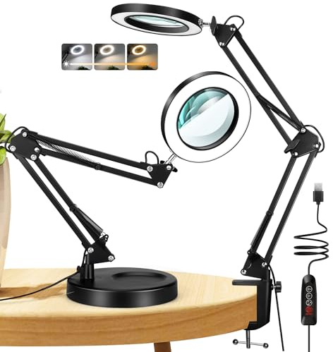 10 Fach Lupe mit licht und ständer, Lupe mit Licht, 3 Modi Farben Stufenlos 10 Dimmbaren, LED Schreibtischlampe für Arbeit, Nähen, Basteln Geschenk