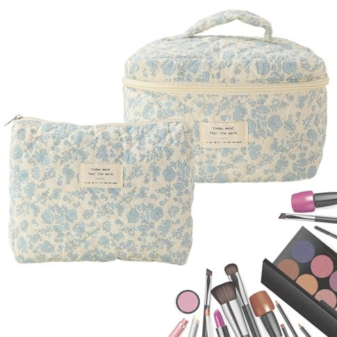 Reise Kosmetiktasche | Gesteppte Kulturtasche Damen Mit Schön Blumenmuster | Kulturbeutel Baumwolle Floral Make Up Bag | Geblümte Make Up Tasche | Baumwoll Blumen Kosmetiktasche