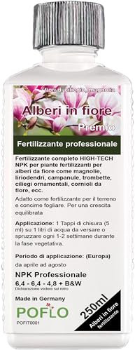 POFLO Alberi da fiore Fertilizzante completo HIGH-TECH NPK per piante fertilizzanti per magnolie, liriodendri, campanule, trombette, ciliegi ornamentali, cornioli da fiore, ecc. (250ml)