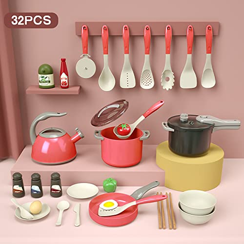 QITHRAN 32pcs Pretend Toy Kitchen Playset Toddler Role Play Kitchen Cookware Cooking Playset
