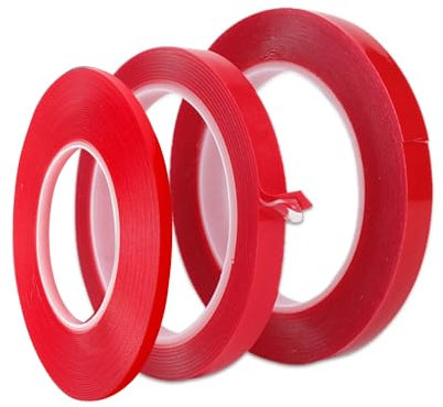 Lezevn 3Pcs Red Double Sided Tape Adhesive Sticky Tape Heat-Resistant Tape for Outdoor Indoor Home Office Decor and LED Strip Lights (3mm, 5mm, 8mm)