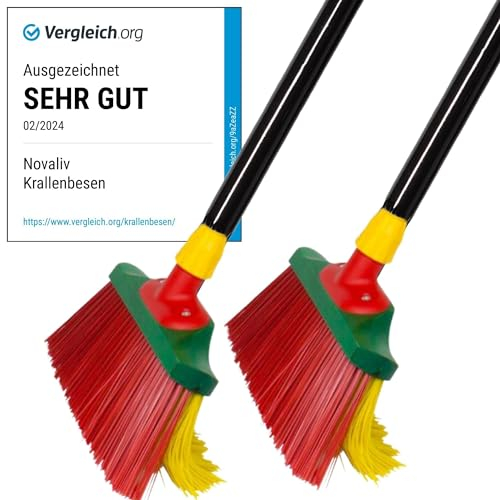 Novaliv 2 escobas con mango de 30 cm, cerdas curvadas, color rojo y amarillo, ideal como escoba de jardín, escoba rascadora, escoba de césped artificial, ideal para camping, escoba de calle