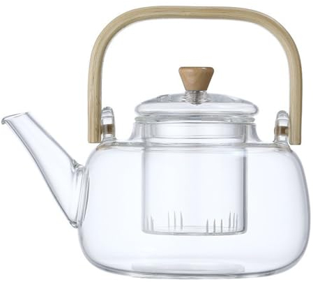 Tetera de Vidrio de 1000 Ml con Tapa y Mango de Madera, Tetera de Vidrio de Borosilicato a Prueba de Gas y Estufa Eléctrica, Tetera para té de Hierbas, té de Frutas