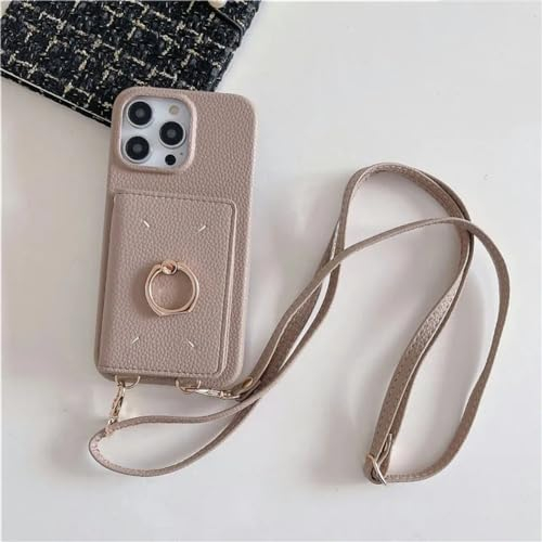 SMIEK Crossbody Lanyard Leder-Handyhülle für iPhone 15 14 Plus 13 12 Mini 11 Pro Max Ring-Geldbörse mit Kartenhalter Stoßfeste Hülle, Kamel, für iPhone 14