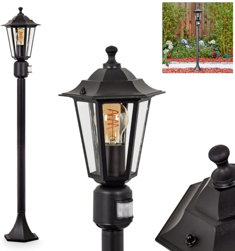 HOFSTEIN Lampada da esterni Loria, lampada da sentiero con sensore di movimento in metallo/vetro in nero/trasparente, lampada da esterno effetto antico, altezza 107 cm, illuminazione da giardino IP44,