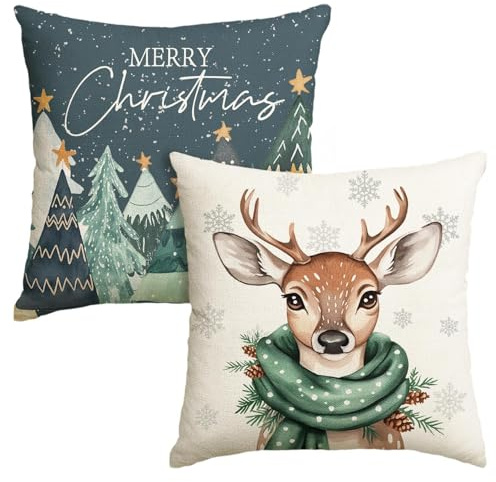 Artoid Mode Bäume Rentier Schneeflocken Frohe Weihnachten Kissenbezüge 2er Set, 45x45 cm Merry Christmas Zierkissenbezug Cushion Cover Couch Deko