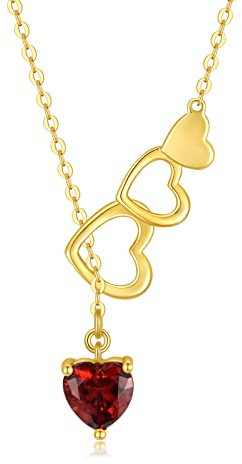 9K äkta guld hjärta droppar Y halsband för kvinnor, massivt guld kärlek hjärta hänge halsband med simulerad granat Y-format smycke present till födelsedag mors dag 40 + 5 cm, Gult guld