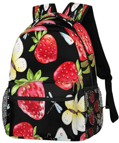 GeMeFv Sac à dos aquarelle fraise papillon noir sac à dos sac à dos sac à bandoulière décontracté léger voyage ordinateur portable sac à dos pour femmes hommes, Aquarelle Fraise Papillon, 11.4(L) X