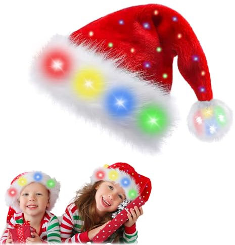 songyea Weihnachtsmütze, Farbe LED Lichter Weihnachtsmütze Erwachsene, Nikolausmütze mit leuchtendem, Plüsch Weihnachtsmützen für Neujahr Festliche Weihnachtsfeier (1, Kurz)