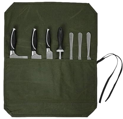 Messer-Rolltasche aus , gewachste Leinwand, Messer, Kulterie-Träger, 7 Fächer, , Kochmesser, Rolltasche mit verstellbarem Schultergurt für Küchenmesser, armee-grün, Refer to