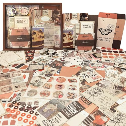 ROEOWENE 410 PCS Scrapbook Zubehör Journal Sticker DIY für Teenager-Braun | Set Vintage Scrapbooking Zubehör Bastelpapier Aesthetic Notizbuch Bastelset Tagebuch Weihnachten Geschenke