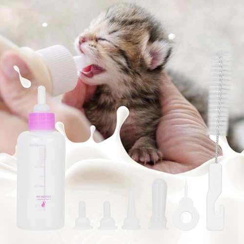 Kitten Bottle Feeding Kit, Puppy Bottle Kitten Milk Replacement Milk Nursing Care Kit 6PCS 60ml Kitten Bottles Kitten Milk Replacer Puppy Milk Feeder for Newborn Dog (Roseate)