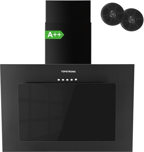 TopStrong Hottes Aspirantes 60cm, Class A++ Hotte Cuisine inclinée Silencieuse, 350m³/h Hotte aspirante Evacuation ou Recyclage, Filtres Charbon Inclus, 3 Vitesses Hotte, LED Eclairage, 56 dB, Noire
