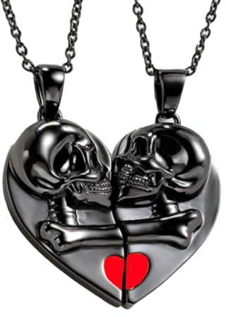 KONFEN 2 Piezas Pareja Collares a Juego, Collar de Acero Inoxidable Magnético Colgante de Esqueleto Cráneo, Collar de Corazón Punk Gothic Pareja Collares Set con Cadena de Aleación Ajustable