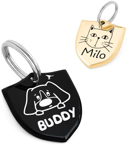 Conception Originale de Portrait pour Medaille Chien et Chat – Accessoires de Collier pour Chien en Acier Inoxydable avec Gravure Profonde Personnalisée (Bouclier)
