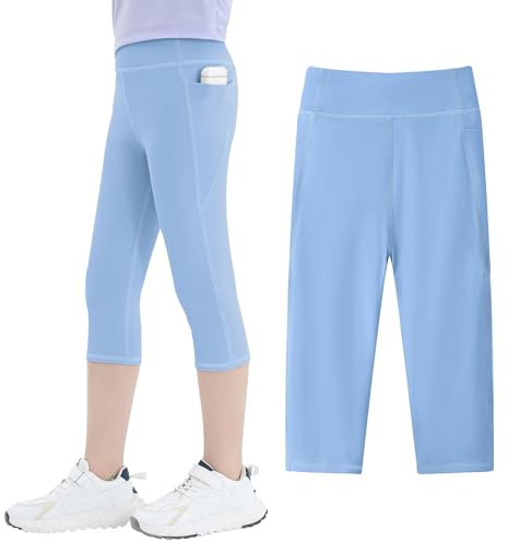 JinBei Flickor, sportleggings, 3/4 byxor, capribyxor, skolkläder, capribyxor ålder 5–11 år, GR.110–152, blå, 134-140