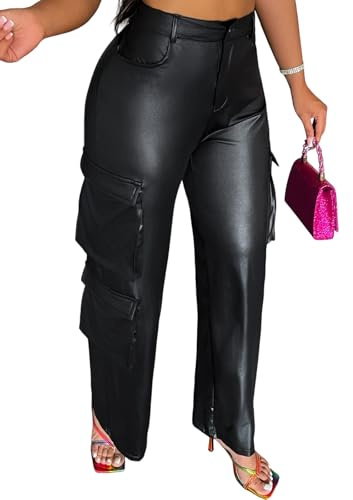 Ryehack Faux Leather Pants for Women Y2K High Waisted Wide Leg Cargo Pants PU Trousers with Pockets Black
