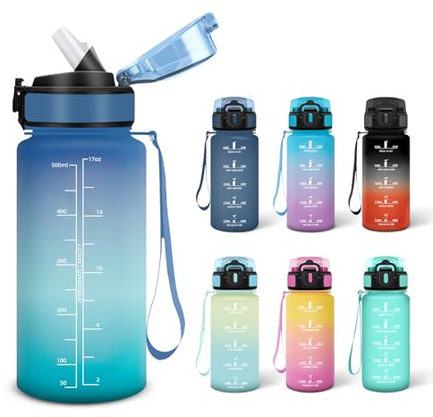 Motswedi Trinkflasche, 0.5L BPA-Frei, Trinkflasche mit Strohhalm, Kohlensäure Geeignet,Wasserflasche Sport, Auslaufsicher, Wasserflasche, für Yoga, Gym, Schule, Outdoors, Blau&Grün
