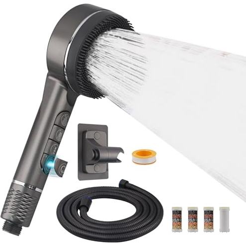 VirtuGro Soffione Doccia con Filtro con 4 Modalità Di Spruzzo Soffione Doccia con Tubo da 2M Shower Head Alta Pressione con Supporto Senza Fori Doccino per Doccia Anticalcare (Grigio Scuro)