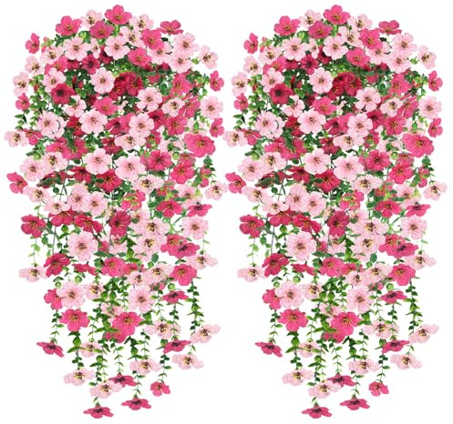 YSUVIN Kunstblumen Hängend, 4 Stück Kunstblumen für Draußen, 76cm Künstliche Hängepflanzen Wie Echt Kunstpflanzen Hängend Künstliche Blumen für Outdoor AußEn Balkon Garden Yard Hochzeit Rosa Rot