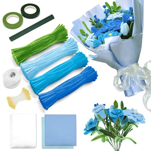 IJIAMY 400 Stück Pfeifenreiniger Blumen Set, Pfeifenputzer Blumen Zum Basteln, Mit Grüne Blumenstöcke, Klebebandrollen, Klebestifte (Blau)