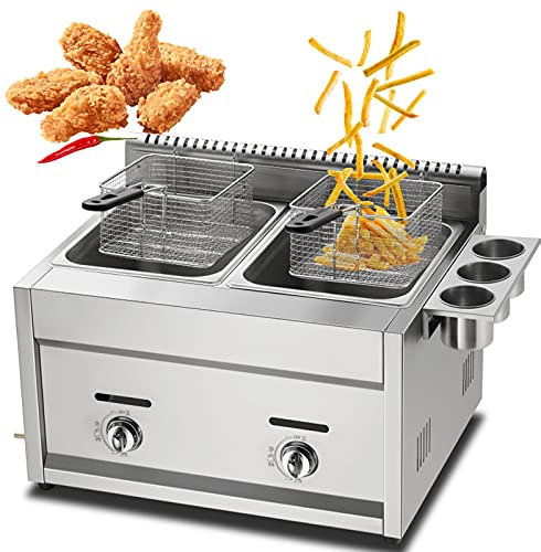 Friggitrice a gas, friggitrice commerciale di grande capacità in acciaio inox con potenza di fuoco regolabile, include 2 cestini e coperchio, macchina per patatine fritte facili da pulire