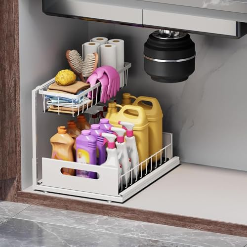 Marimor Spülschrank Organizer Ausziehbar, Unter Spüle Unterschrank Waschbeckenunterschrank Organizer, 2 Etagen Metall Unter Waschbecken Regal Spülenunterschrank, 1 Stück (Weiß)