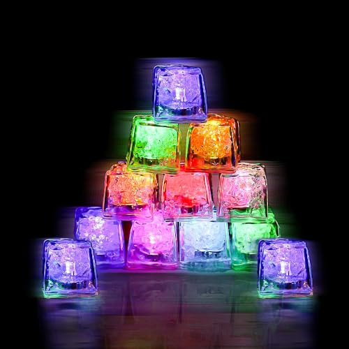 SKIKHN LED Eiswürfel,12 Stück Leuchtende Eiswürfel mit Flüssigkeitssensor, LED Eiswürfel für Getränke, Bunte Leuchtende Badewannenspielzeug, Partybeleuchtung Eiswürfel für Bars Partys Hochzeiten Clubs