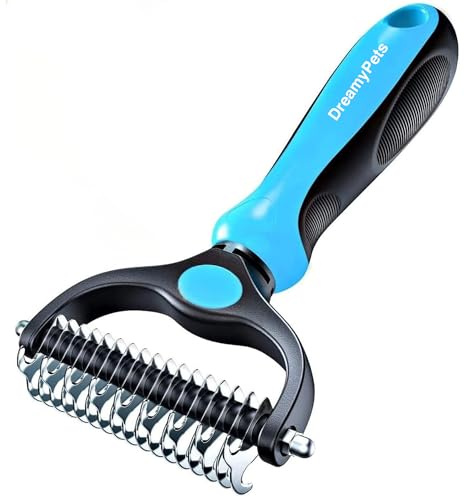 DreamyPets Professionelle Hunde- und Katzenbürste, lange Haare, Hundepflege, Rechen, doppelseitige Zähne, 17 + 9, entfernt Knoten, Teppiche und Haare