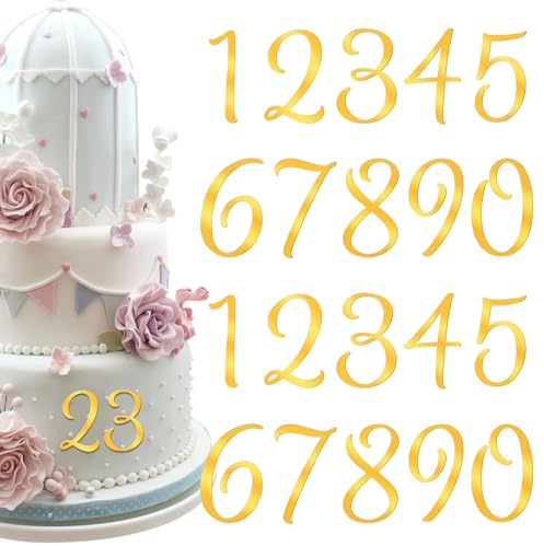 LIQWEI Juego de 20 adornos acrílicos brillantes dorados para tartas, números del 0 al 9 para decoración de tartas de feliz aniversario, palitos para magdalenas, fiesta de cumpleaños, boda, suministros