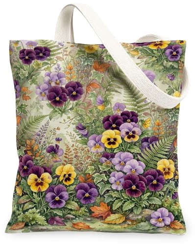 Pansy - Bolsa de lona con diseño floral de helecho natural, mariposa, primavera, violeta, bolsa de comestibles, 13 x 15 pulgadas