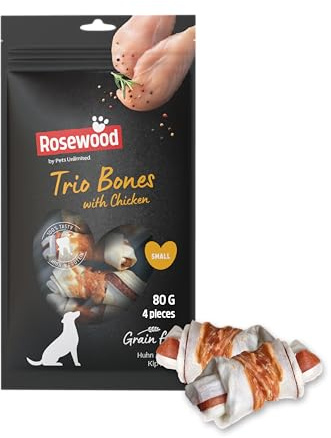 Rosewood Trio Bones Huhn Small – Feste Kauknochen mit Huhn, Kausnack aus Rinderhaut für kleine Hunde, unterstützt die Zahnpflege, ohne Getreide, ohne künstliche Zusatzstoffe, 80 g