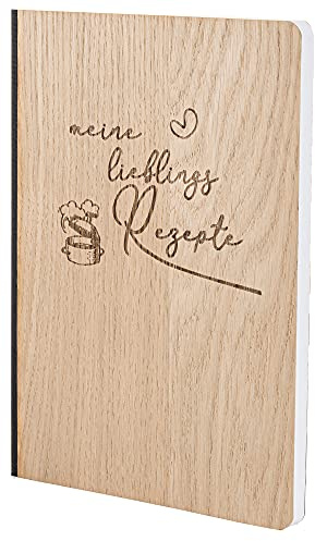 Notizbuch mit Holz Cover in A5 - MEINE LIEBLINGS REZEPTE - Echtholz Notebook zum Reinschreiben Holzeinband 192 blanko Seiten 90g, Holzart:Eiche