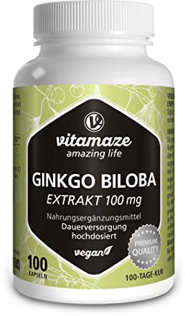 Ginkgo Biloba hochdosiert, 50:1 Extrakt 100 mg = 5000 mg Ginkgo Blatt-Pulver pro Kapsel, Vegan, 100 Kapseln für 100 Tage, Pflanzliche Nahrungsergänzung ohne Zusätze, Made in Germany