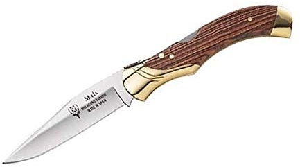 Muela Navaja de Caza GL-10NL con hoja de acero inoxidable ACX-380 de 9,5 cm y empuñadura de madera palovioleta de 12 cm para Caza, Pesca, Supervivencia y Bushcraft + Portabotellas de regalo