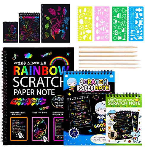 MELLIEX Scratch Art Notes per Bambini, Set di 3 Blocco da Disegno Arcobaleno Scratch Paper con 6 Penne Stilografiche In Legno e 4 Righelli Da Disegno per Disegni, Giochi e Scrittura