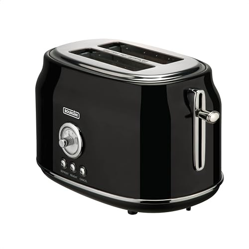 Bourgini Retro Toaster Schwarz - 2 Scheiben Brotröster Edelstahl 815W Retro-Design mit 6 Bräunungsstufen, Auftau- & Aufwärmfunktion, Extra Hoher Brotheber & Krümelschublade