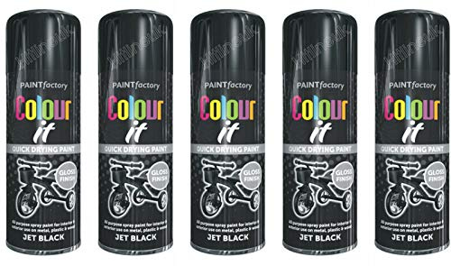 HitlineUK Spray Paint - Jet Black Gloss - (Case of 5 x 250ml cans) Spray Paint for Metal, Wood, Stone, Cardboard and Paper