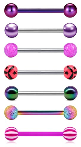 Vcmart 7piezas Piercing Lengua 16mm Acero Inoxidable 14G Púrpura Metal Barra de Pezon Piercing Joyería