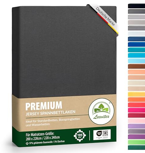 Premium Spannbettlaken, extra schwer und dick, 97% Mako-Jersey-Baumwolle und 3% Elasthan, auch Boxspringbett geeignet, 200 x 220-220 x 240 cm, Anthrazit/Grau