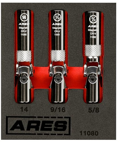 ARES 11080 – 3-Piece Spring Loaded Universal Joint Magnetic Spark Plug Socket Set – 3/8-Inch Drive – Spring Loaded Design Keeps U-Joints Steady – Magnetic Sockets Easily Access Recessed Spark Plugs
