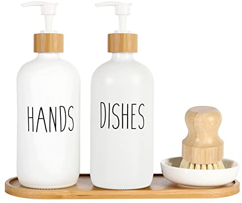 Mifxin 2er-Pack Glas-Seifenspender-Set mit Tablett und Bambus-Spülbürste, Handseifenspender, 473 ml, Küchenset, Bauernhaus-Dekor, Spülseifenpumpflasche (weiß, 2er-Pack)