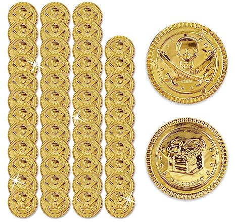 Relaxdays Goldmünzen Kinder, 48er Set, Piratenschatz Kindergeburtstag, Spielmünzen Plastik, Piratenmünzen, Ø 3,5cm, Gold