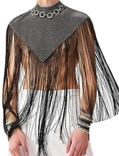 Panegy Top transparente de manga larga con malla para hombre, chaleco, blusa de encaje, lencería de malla, camisas ajustadas, ropa de club, Gris, M