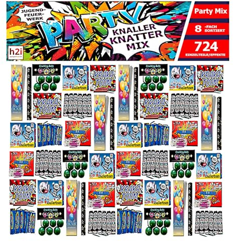 h2i Knaller Knatter Mix | 724 pièces/effets | Fête amusante pour petits et grands I Feux d'artifice pour enfants et adolescents | 8 compartiments assortis | F1