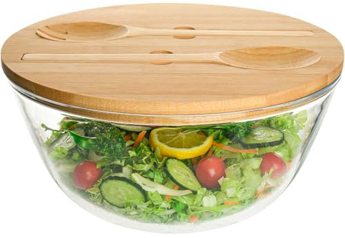 GEHE Glass Salad Bowl with Lid, 10.6Inch Large Trifle Bowl Glass Fruit Bowl, 4.7 Quart Large Capacity Serving Bowls for Salad, Pasta, Fruit, Dessert Display Cake, Microwave Safe