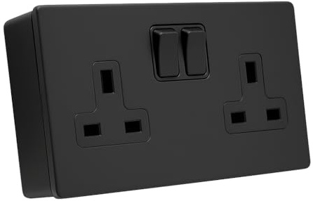 SH|P® COMPACT Screwless Ultra-Matt Black Metal 2 Gang 13A 4mm Plate Switched Socket and 25mm Plastic Surface Mount Pattress Box (2 Gang Socket)