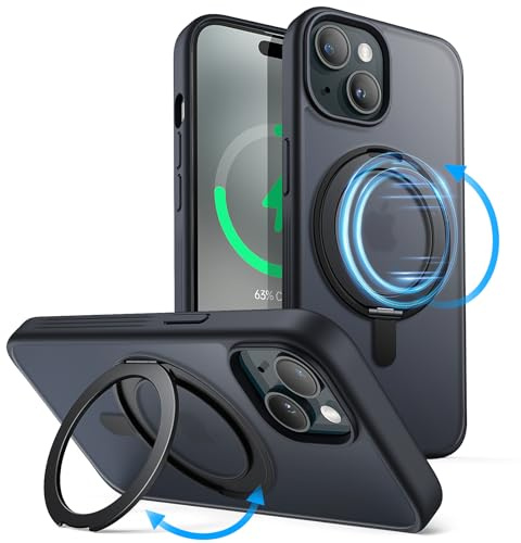 JETech Hülle mit Ringständer für iPhone 15, Schwarz | Kompatibel mit MagSafe, 360° Drehbarer Ringständer, Schlanker Stoßschutz