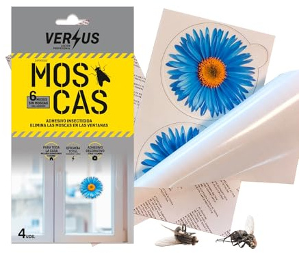 VERSUS Adhesivo-Flor Insecticida Moscas – 4 Uds – 1 Flor Elimina Moscas Durante 6 Meses – Pegatina para Ventanas - No es una Trampa - Los Insectos Mueren Alejados y No Se Quedan Pegados - Sin Olor